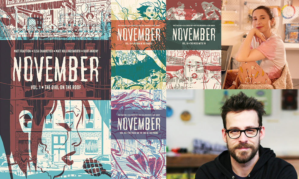 Covers to NOVEMBER Volumes 1, 2, 3, and 4, and author portraits of artist Elsa Charretier, and writer Matt Fraction.