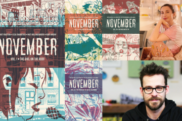 Covers to NOVEMBER Volumes 1, 2, 3, and 4, and author portraits of artist Elsa Charretier, and writer Matt Fraction.